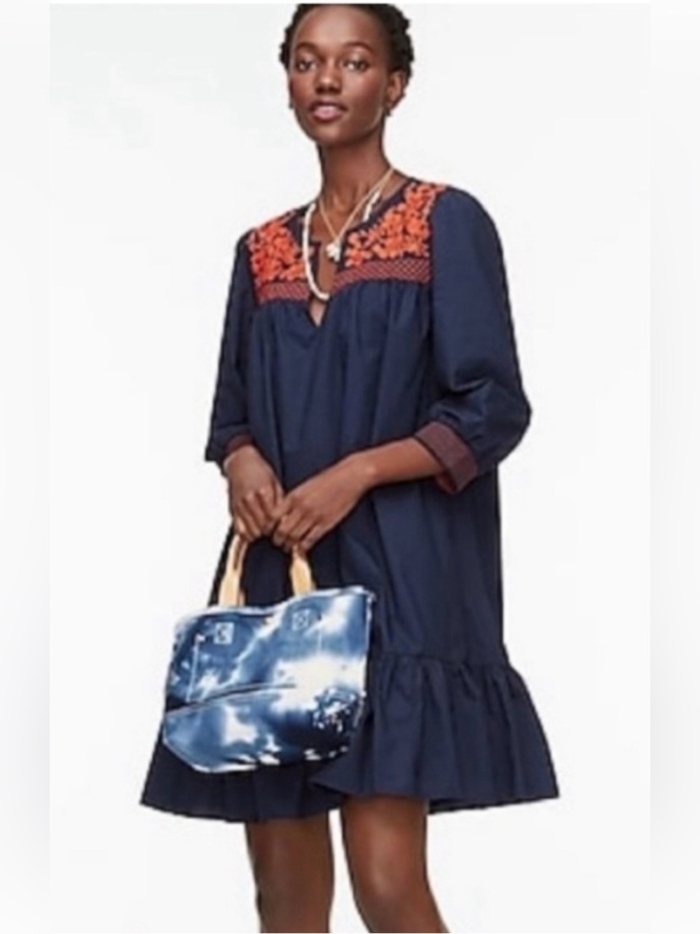 J.Crew L Navy Blue Embroidered Cotton Boho Peasant Mini Dress Floral Ruffle Hem